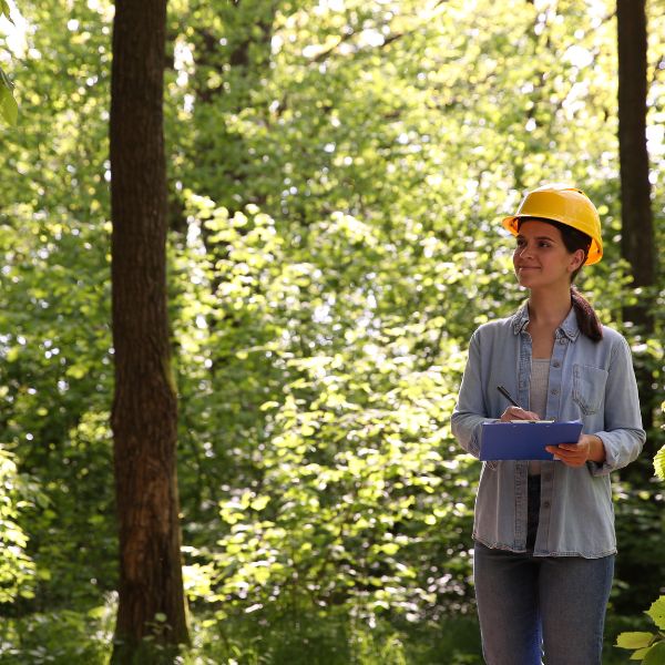 Website-arborist-services-tree-inspection-clipboard Certified Arborist wearing a yellow hard hat takes some notes on her clipboard while inspecting a tree.